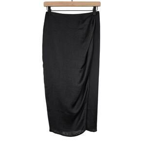 French Connection Inu Black Satin Midi Wrap Skirt Slit Sz 6